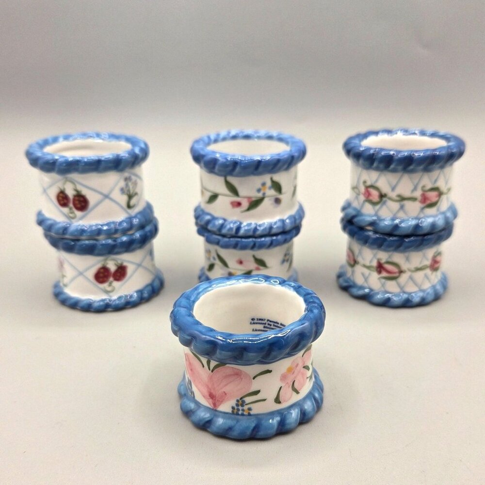 Floral Blue Ceramic Napkin Rings Enesco by Pamela Silin-Patton Set of 7 - Picture 2 of 7